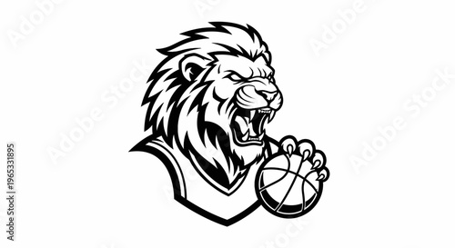 Fierce Lion Basketball Mascot, Aggressive Roaring King Holding Ball