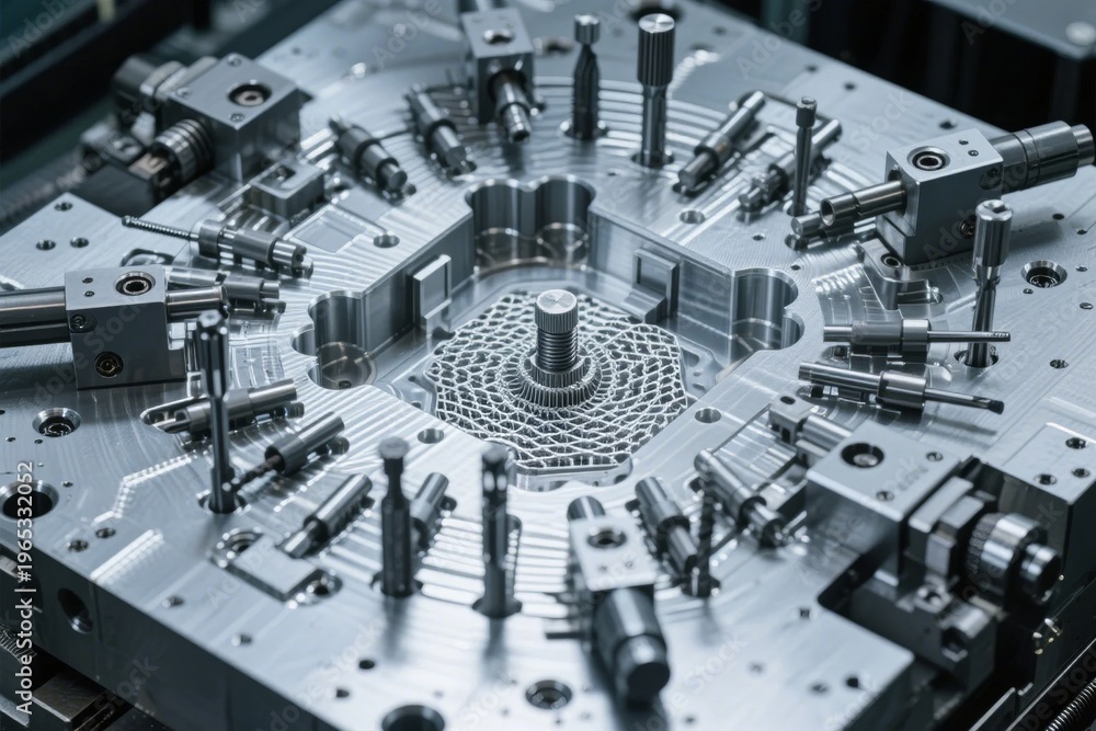 Fototapeta premium Close-up view of a precision metal injection mold with intricate components and mechanical parts