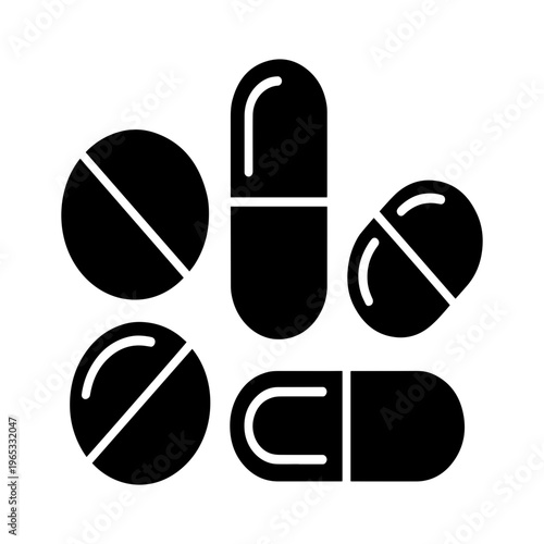 A minimalist vector graphic of six pills in a circular pattern on a white background silhouette