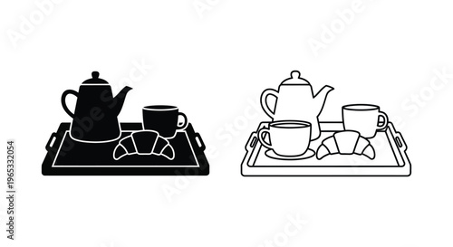 Tea time essentials line art and solid black illustrations Vector