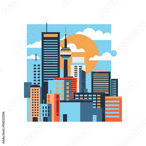 A stylized illustration of a modern building facade with a mix of blue, orange, and dark colors, conveying a sense of contemporary architecture and de