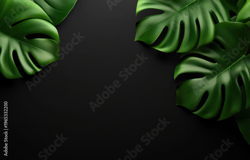 Lush green leaves create vibrant and tropical atmosphere against dark background, evoking sense of tranquility and natural beauty. large, glossy leaves add depth and texture to composition