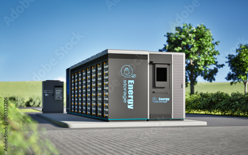 Energy storage system or battery container unit see through under blue sky