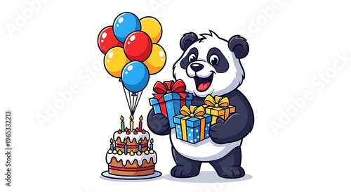 A cheerful panda bear holding gifts and standing next to a birthday cake with colorful balloons