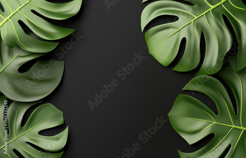 Lush green leaves create vibrant and fresh atmosphere, perfect for adding touch of nature to any design. large, glossy leaves are arranged beautifully against dark background, enhancing their rich