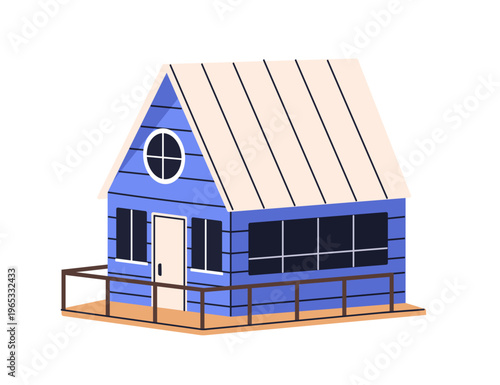 Cabin house, rural cottage, wooden exterior with terrace. Small countryside b...