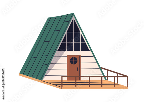A-frame house, country cottage with terrace. Wooden chalet, summer holiday ho...
