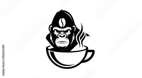 Gorilla Coffee Logo - Angry Ape Face with Steaming Cup, Black and White