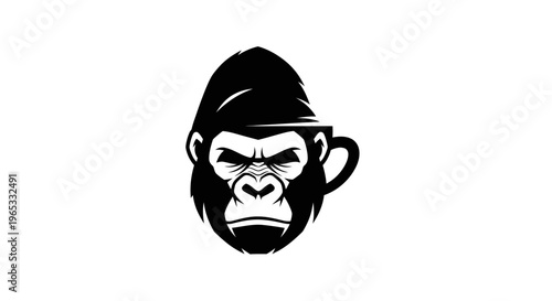 Gorilla Head Logo with Coffee Cup Handle - Bold Black and White Design