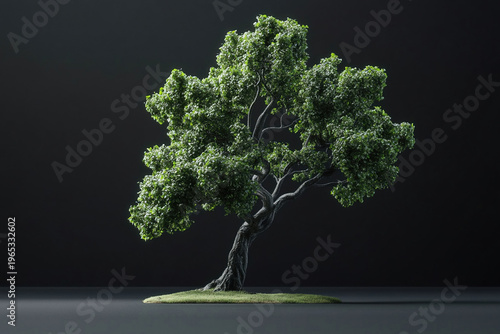 Majestic tree with lush green leaves and intricate branches stands isolated against dark background, showcasing its natural beauty and elegance