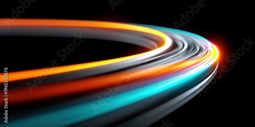Abstract swirling light trails in vibrant orange, blue, and white against a dark background