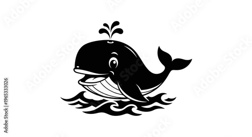 Happy cartoon whale spouting water, playful ocean mammal illustration