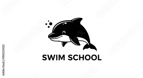 Happy Dolphin Logo for Swim School - Black and White Cartoon