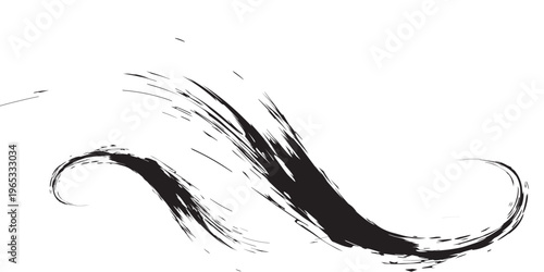 Abstract black brush stroke with a dynamic swirling motion on a clean white background, creating an artistic graphic element.