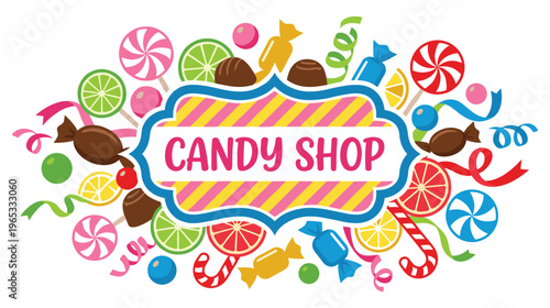 Candy shop surrounded by colorful sweets and fruit slices.