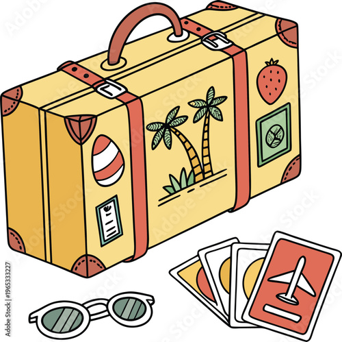 Vintage travel suitcase, summer vacation luggage, palm tree icons, travel accessories