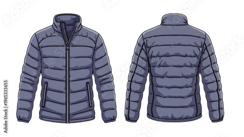 Vector illustration of a blue puffer jacket in CAD design style from front and back