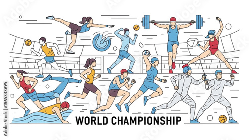 Athletes competing in various sports vector CAD design style at stadium