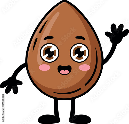Cute happy brown almond character, smiling nut mascot, funny healthy snack cartoon, cheerful food icon, playful kawaii vector illustration