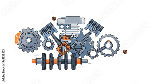Vector CAD design style illustration of various industrial engine parts