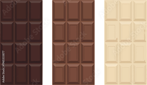 Dark, milk, and white chocolate bar set, cute cartoon sweet candy characters, smiling dessert mascots, playful cocoa treat vector illustration