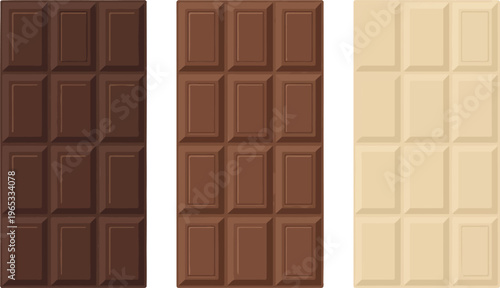 Dark, milk, and white chocolate bar set, cute cartoon sweet candy characters, smiling dessert mascots, playful cocoa treat vector illustration