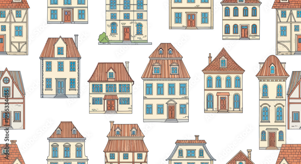Fototapeta premium Charming European Townhouses Pattern, Old Architecture, Hand-Drawn Style