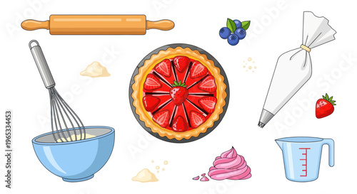 Baking Ingredients and Tools: Strawberry Tart, Whisking, Rolling Pin, Frosting