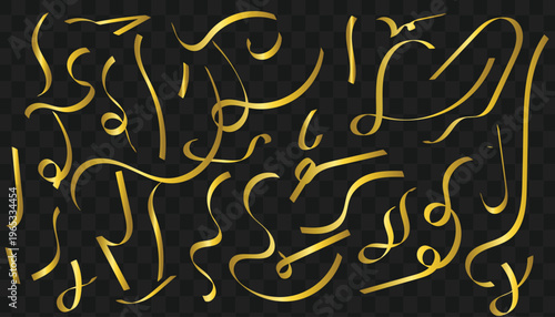 Falling Shiny Golden Blurred Confetti on Dark Background, Abstract Arabic Style Golden Calligraphy Pattern”