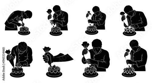 Baker Decorating Cake With Piping Bag - Step-by-Step Illustration Set