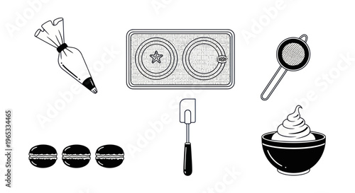 Baking Tools and Macarons - Hand-Drawn Vector Illustration