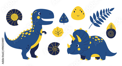 Cute Cartoon Dinosaurs and Prehistoric Elements Vector Illustration