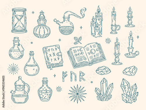 Vintage mystical alchemy set with potion bottles, glass flasks, candles, spell books, crystals and runes in magical hand-drawn vector outline style