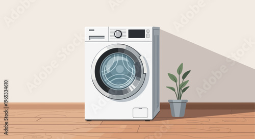Modern Washing Machine in a Bright Room with Plant, Home Appliance