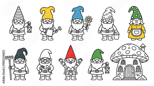 Garden gnome character set with mushroom house and tools line vector.