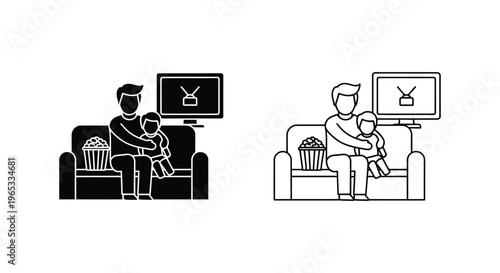 Father and kid watching tv together on couch Vector
