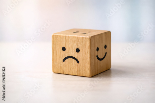 Wooden cube with sad and happy faces minimal emotion concept