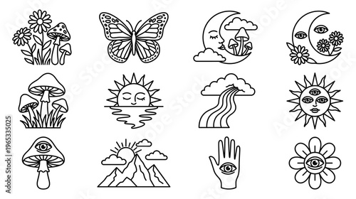 Mystical celestial element line art collection with moon sun plants.