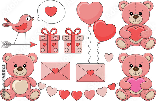 Valentine's Day vector set of cute romantic elements, hearts, flowers, gifts, love symbols, and adorable couple cartoon illustrations