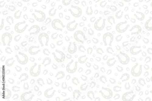 Cloudy and white silhouette of a lucky horseshoe. Seamless horizontal vector pattern. Endless animal print. Isolated colorless background. White horse shoes. St. Patrick's Day. Flat style. 