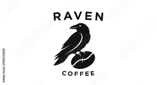 Raven Coffee Logo: Black Bird Silhouette on Coffee Bean, Minimalist Design
