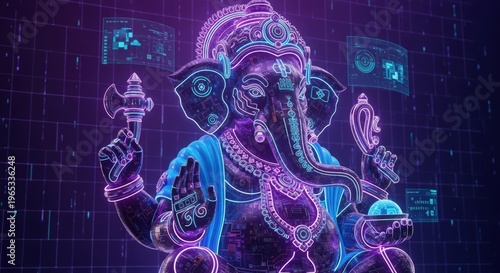 Futuristic Neon Ganesha Cyberpunk Style with Glowing Lights for Modern Festival Design