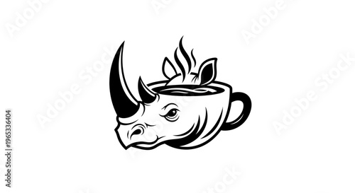 Rhinoceros Head Emerging from Coffee Cup, Hot Beverage Steam