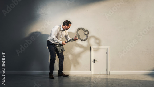 Photorealistic Conceptual Image of a Person Holding a Massive Metal Key Trying to Unlock a Very Small Door on a Plain Wall