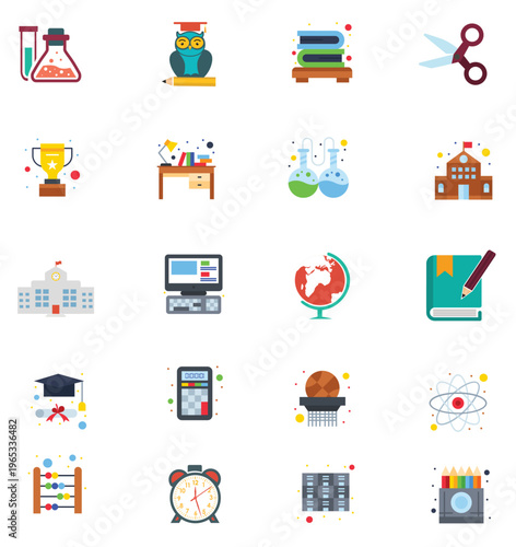 Flat Education and School Icons Set – Back to School Vector Illustrations