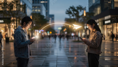 Photorealistic Image of Two People Standing Apart Using Smartphones with Glowing Paper Airplanes Flying Between Them to Symbolize Digital Communication