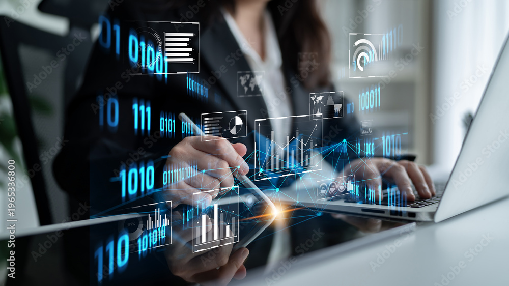 Fototapeta premium Big data and analytics support real-time insights, predictive modeling, and data-driven decisions for business intelligence and growth. Latch