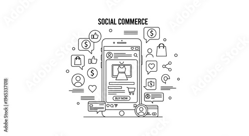 Social commerce mobile app interface, online shopping with icons, payment, likes, shares, and bags