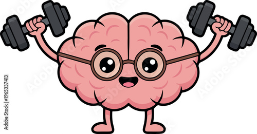 Funny cartoon brain lifting dumbbells, cute fitness mascot character, mental strength concept, gym workout exercise, healthy mind vector illustration