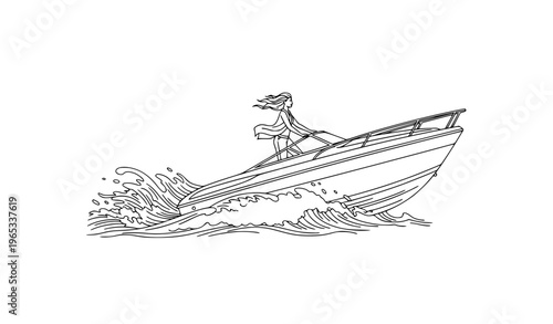 Woman enjoying speed boat ride on ocean waves black and white line art vector dynamic scene
